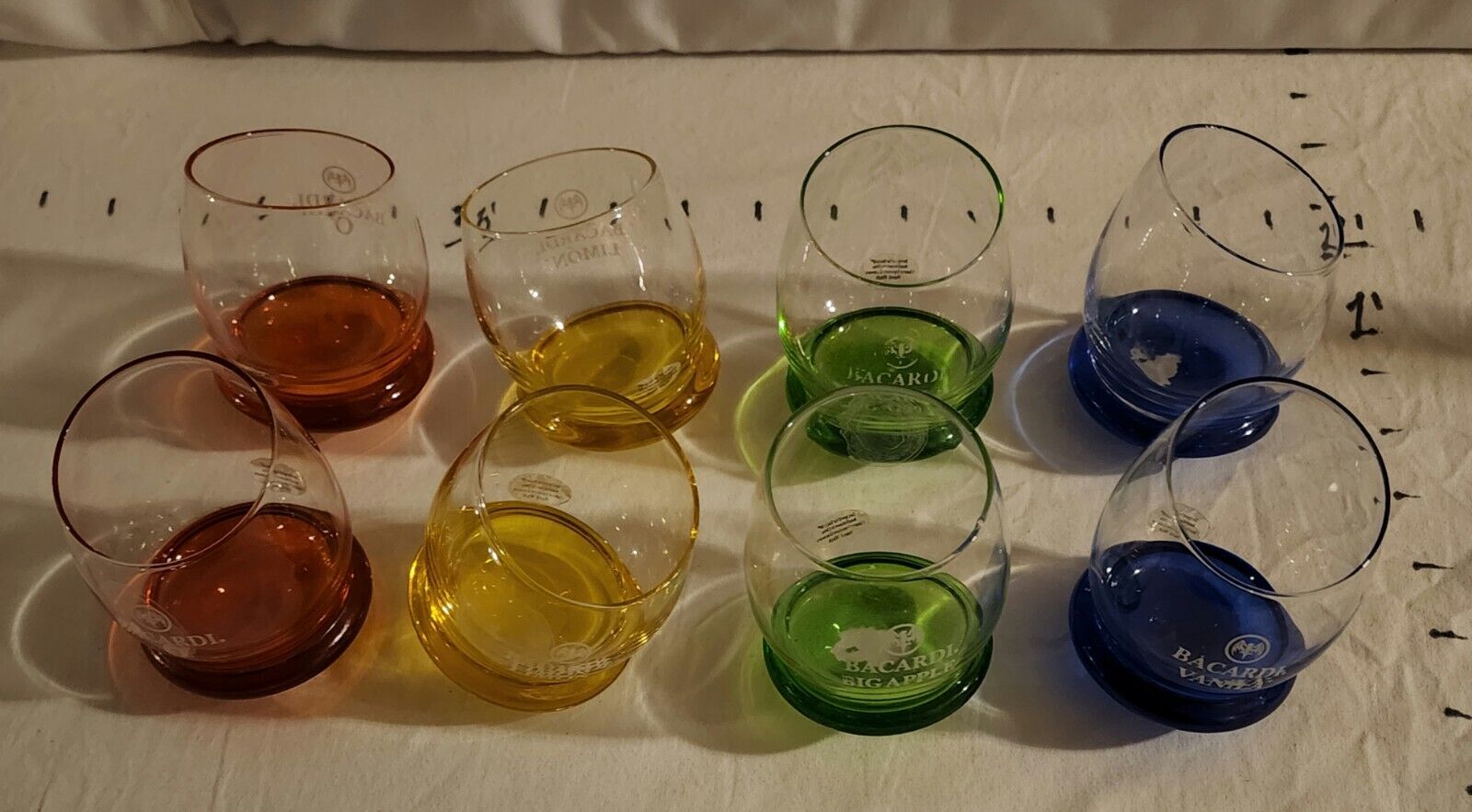 Bacardi Rolling Bottom Colored Rum Glasses Tipsy Painted Blue Red Yellow Green