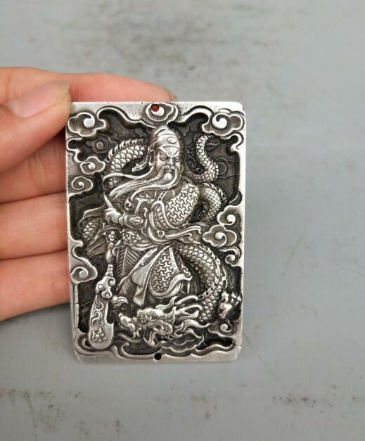 Collection Tibetan silver hand carved Riding dragon guan gong amulet pendant