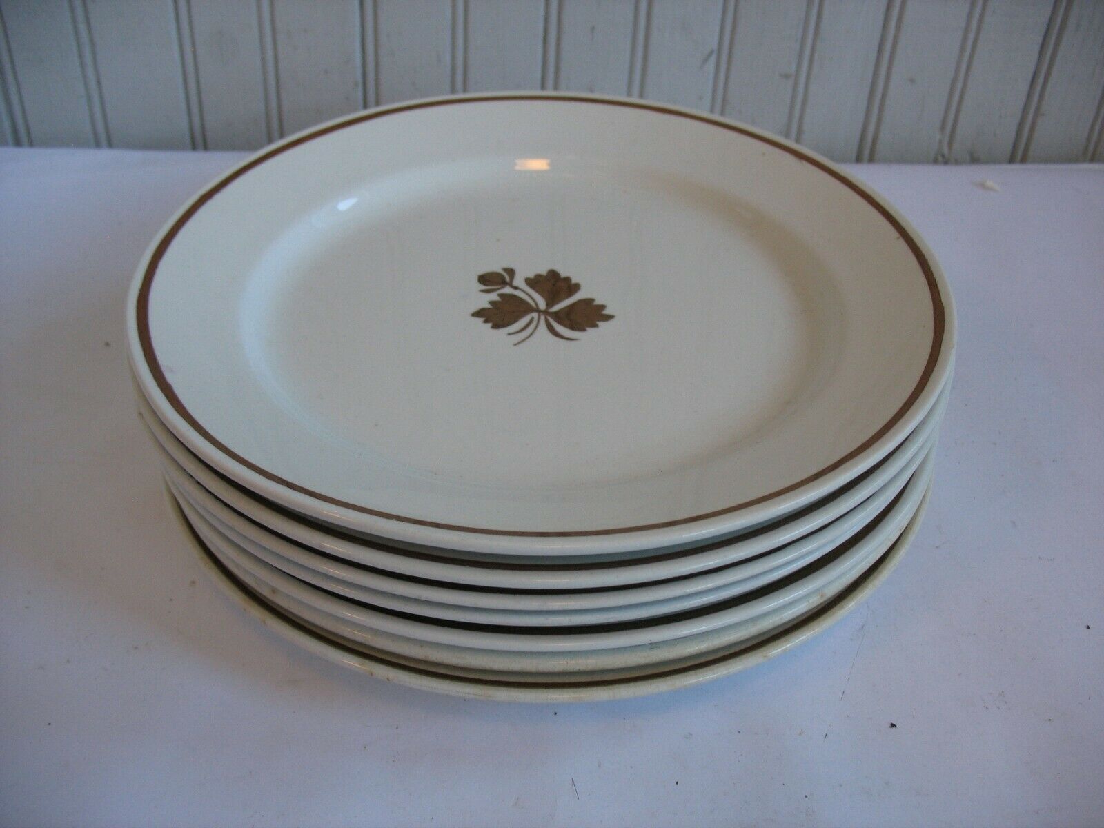 S/5 Vintage Alfred Meakin Tea Leaf Ironstone Dinner Plates 10" Copper Lustre Ban